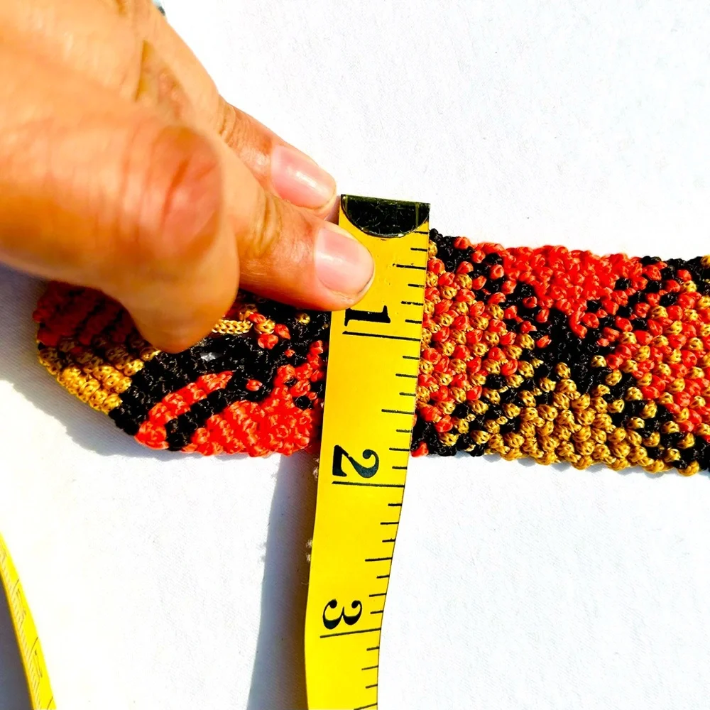 Macrame Belt Orange Black Metal Buckle Handcrafted